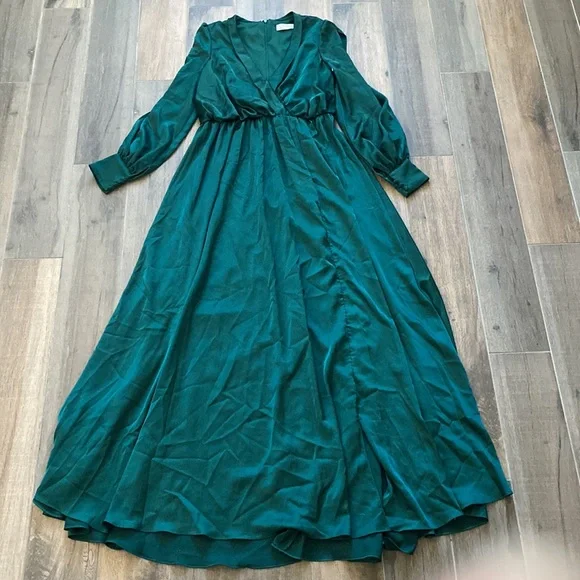 Mac Duggal Faux Wrap Long Sleeve Gown Dress Emerald Green Size 8 - Picture 4 of 11